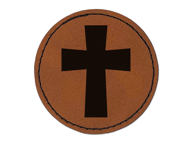 Cross Angled Christian Church Religion Round Iron-On Engraved Faux Leather Patch Applique - 2.5"