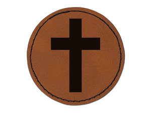 Cross Christian Church Religion Round Iron-On Engraved Faux Leather Patch Applique - 2.5"