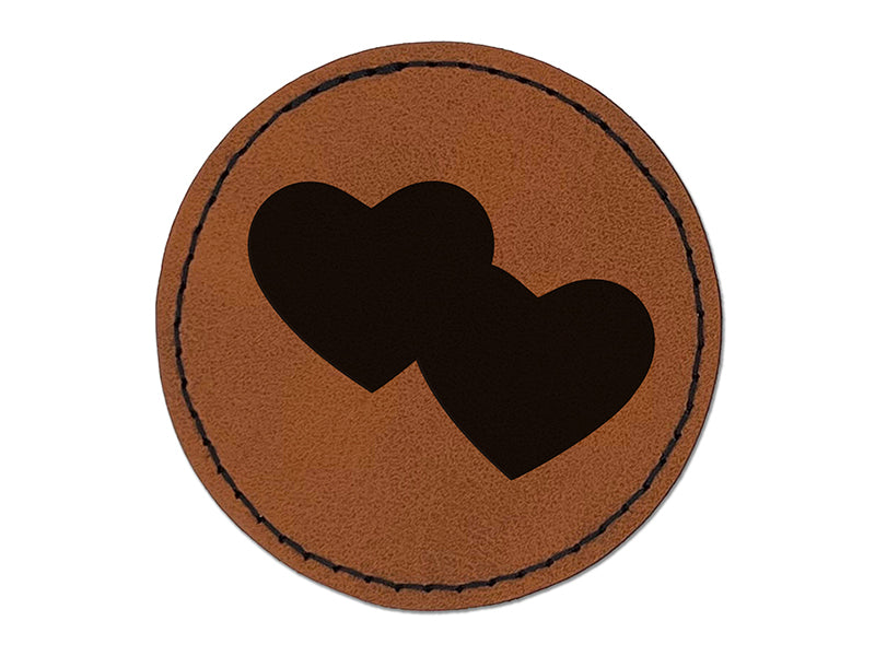 Double Heart Symbol Round Iron-On Engraved Faux Leather Patch Applique - 2.5"