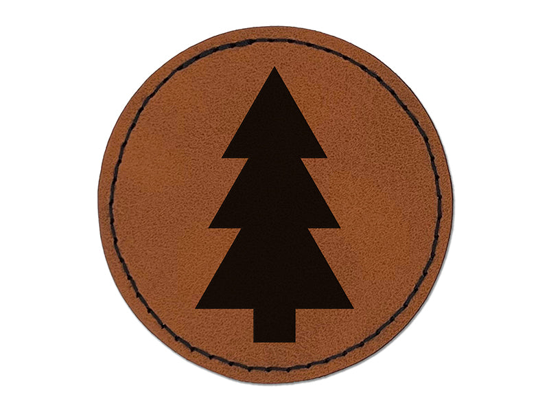 Pine Tree Round Iron-On Engraved Faux Leather Patch Applique - 2.5"