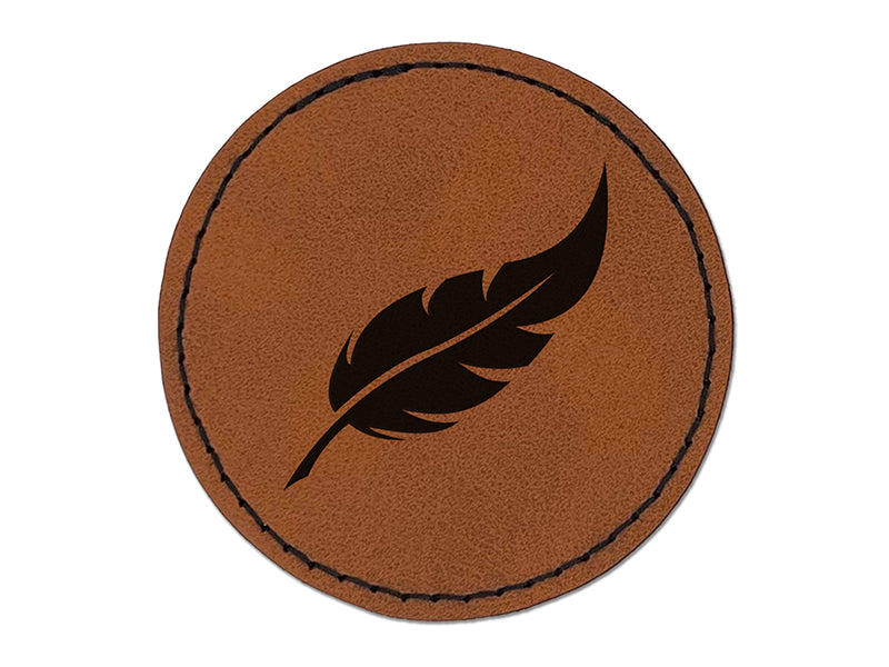 Bird Feather Round Iron-On Engraved Faux Leather Patch Applique - 2.5"