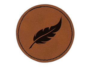 Bird Feather Round Iron-On Engraved Faux Leather Patch Applique - 2.5"