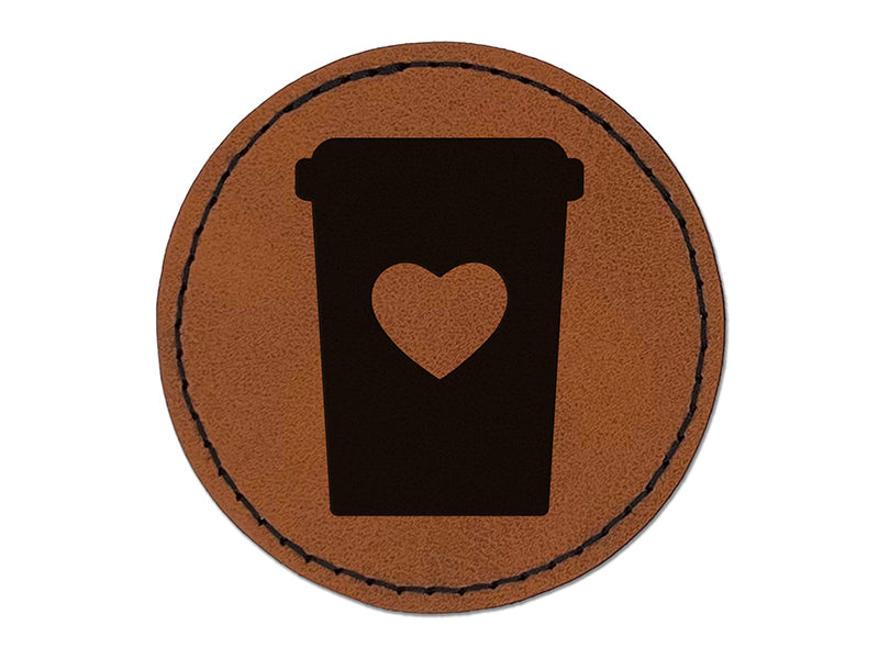 Coffee Cup Carafe with Heart Round Iron-On Engraved Faux Leather Patch Applique - 2.5"