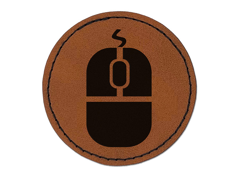 Computer Mouse Round Iron-On Engraved Faux Leather Patch Applique - 2.5"