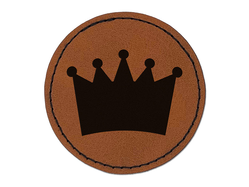 Crown King Queen Princess Round Iron-On Engraved Faux Leather Patch Applique - 2.5"