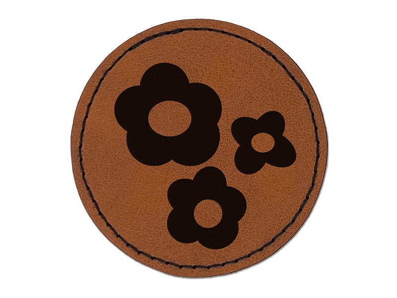 Flower Trio Round Iron-On Engraved Faux Leather Patch Applique - 2.5"