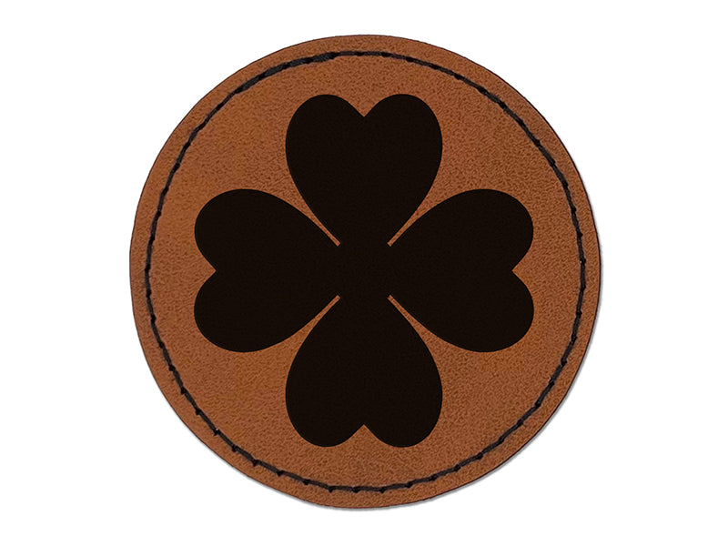 Four Leaf Clover Lucky Solid Round Iron-On Engraved Faux Leather Patch Applique - 2.5"