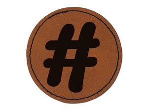 Hashtag Number Sign Round Iron-On Engraved Faux Leather Patch Applique - 2.5"
