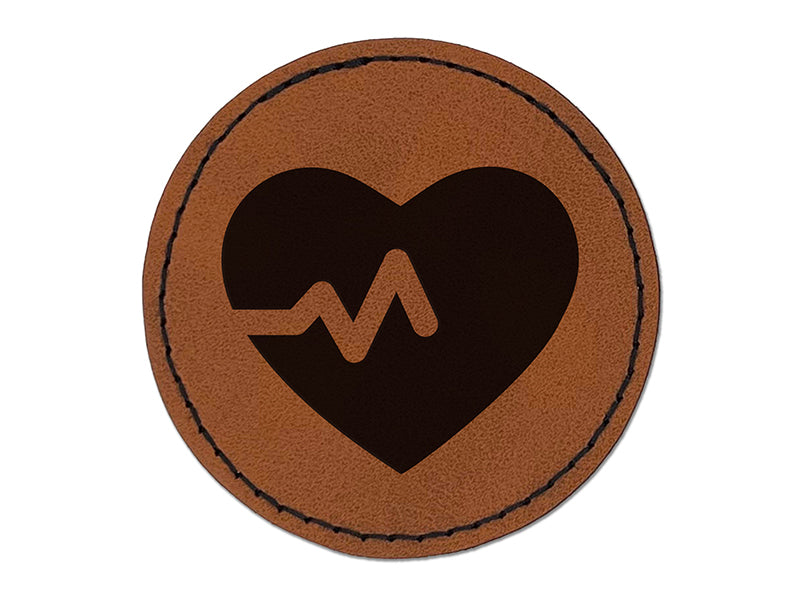 Heart Beat Round Iron-On Engraved Faux Leather Patch Applique - 2.5"