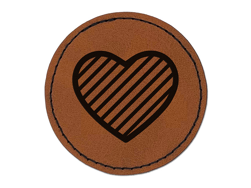 Heart with Stripes Round Iron-On Engraved Faux Leather Patch Applique - 2.5"