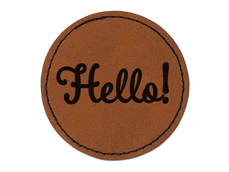 Hello Cursive Round Iron-On Engraved Faux Leather Patch Applique - 2.5"