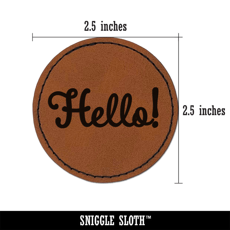 Hello Cursive Round Iron-On Engraved Faux Leather Patch Applique - 2.5"