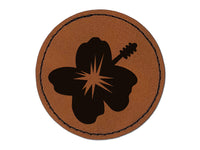 Hibiscus Hawaii Tropical Flower Round Iron-On Engraved Faux Leather Patch Applique - 2.5"