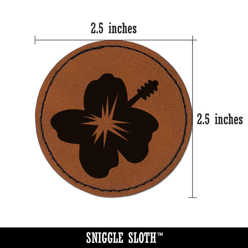 Hibiscus Hawaii Tropical Flower Round Iron-On Engraved Faux Leather Patch Applique - 2.5"