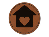 House with Heart Round Iron-On Engraved Faux Leather Patch Applique - 2.5"