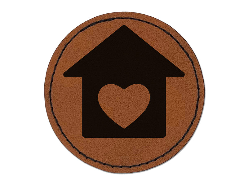 House with Heart Round Iron-On Engraved Faux Leather Patch Applique - 2.5"