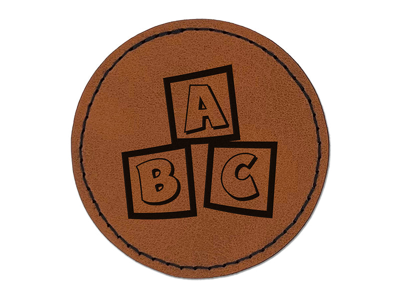 ABC Kids Baby Blocks Round Iron-On Engraved Faux Leather Patch Applique - 2.5"