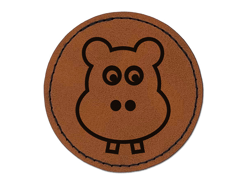 Cute Hippopotamus Face Round Iron-On Engraved Faux Leather Patch Applique - 2.5"