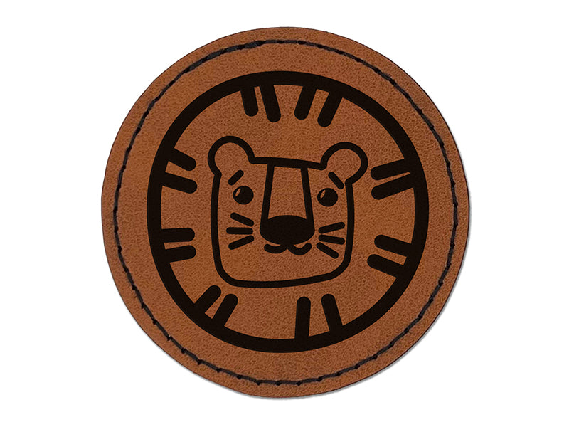Lion Face Doodle Round Iron-On Engraved Faux Leather Patch Applique - 2.5"