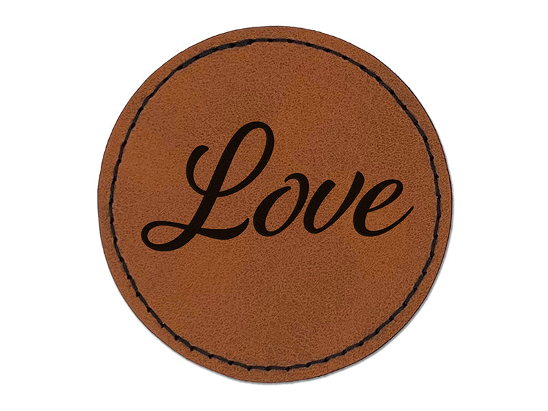 Love Cursive Text Round Iron-On Engraved Faux Leather Patch Applique - 2.5"