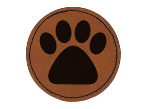 Paw Print Solid Round Iron-On Engraved Faux Leather Patch Applique - 2.5"