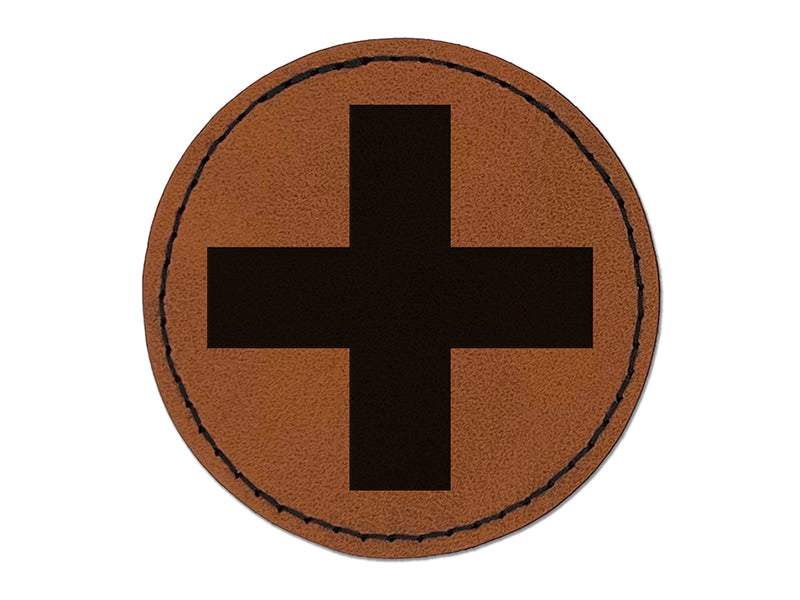 Plus Sign Solid Round Iron-On Engraved Faux Leather Patch Applique - 2.5"