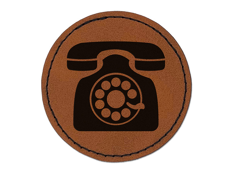Rotary Dial Phone Round Iron-On Engraved Faux Leather Patch Applique - 2.5"