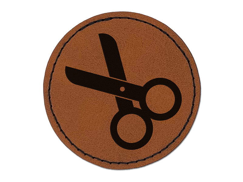 Scissors Symbol Round Iron-On Engraved Faux Leather Patch Applique - 2.5"