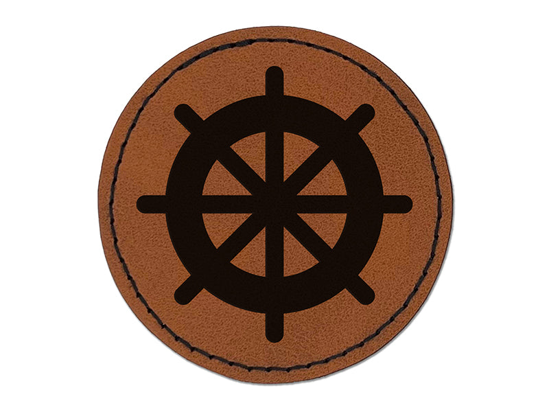 Ship Wheel Nautical Boat Round Iron-On Engraved Faux Leather Patch Applique - 2.5"
