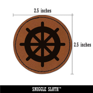 Ship Wheel Nautical Boat Round Iron-On Engraved Faux Leather Patch Applique - 2.5"