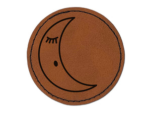 Sleeping Moon Round Iron-On Engraved Faux Leather Patch Applique - 2.5"