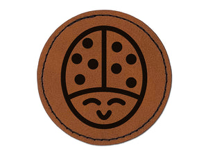 Smiling Lady Bug Round Iron-On Engraved Faux Leather Patch Applique - 2.5"