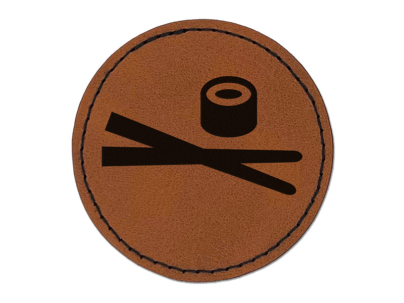 Sushi with Chopsticks Round Iron-On Engraved Faux Leather Patch Applique - 2.5"