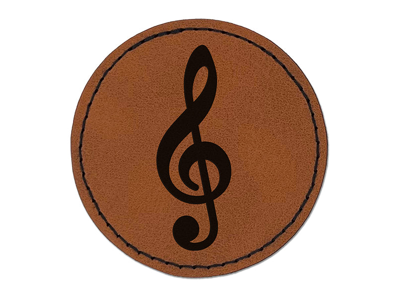 Treble Clef Music Round Iron-On Engraved Faux Leather Patch Applique - 2.5"