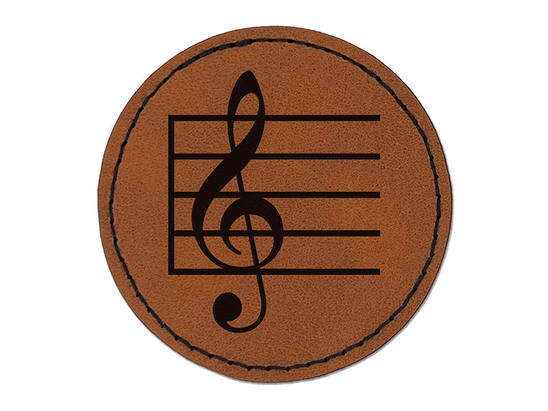 Treble Clef on Staff Music Round Iron-On Engraved Faux Leather Patch Applique - 2.5"