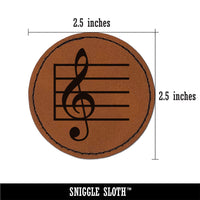Treble Clef on Staff Music Round Iron-On Engraved Faux Leather Patch Applique - 2.5"