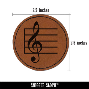 Treble Clef on Staff Music Round Iron-On Engraved Faux Leather Patch Applique - 2.5"