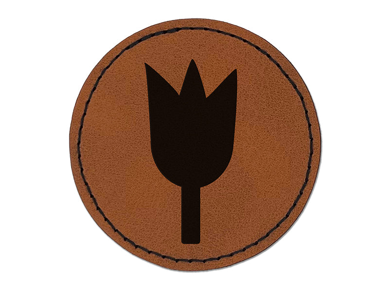 Tulip Flower Solid Round Iron-On Engraved Faux Leather Patch Applique - 2.5"