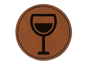 Wine Glass Half Full Round Iron-On Engraved Faux Leather Patch Applique - 2.5"