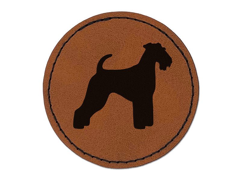 Airedale Terrier Bingley Waterside Dog Solid Round Iron-On Engraved Faux Leather Patch Applique - 2.5"