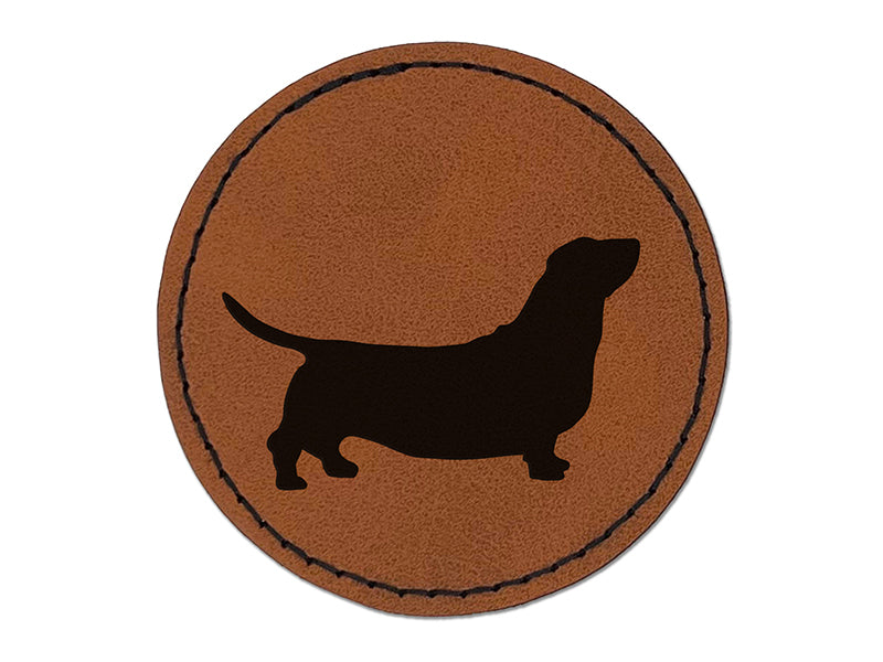 Basset Hound Dog Solid Round Iron-On Engraved Faux Leather Patch Applique - 2.5"