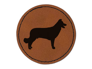 Border Collie Dog Solid Round Iron-On Engraved Faux Leather Patch Applique - 2.5"