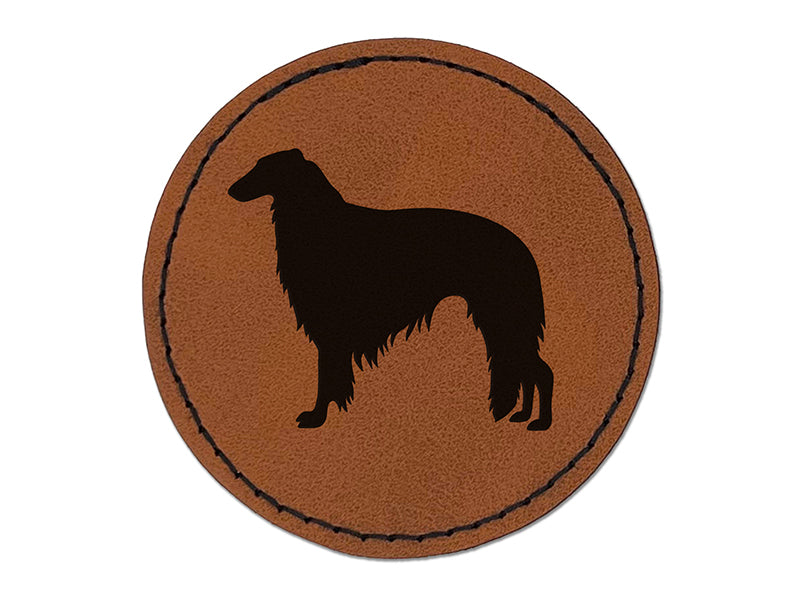 Borzoi Russian Wolfhound Dog Solid Round Iron-On Engraved Faux Leather Patch Applique - 2.5"