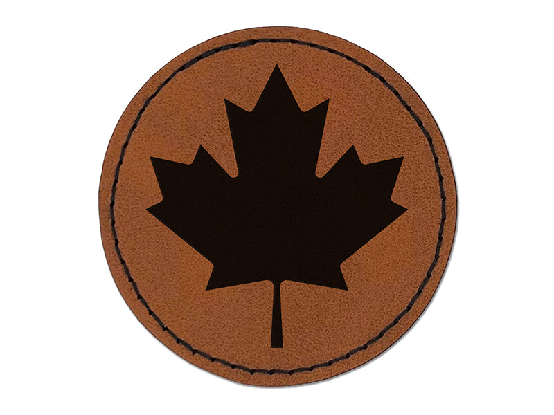 Canada Maple Leaf Round Iron-On Engraved Faux Leather Patch Applique - 2.5"