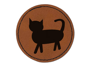 Cat Prancing Solid Round Iron-On Engraved Faux Leather Patch Applique - 2.5"