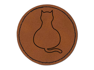 Cat Sitting Back Outline Round Iron-On Engraved Faux Leather Patch Applique - 2.5"