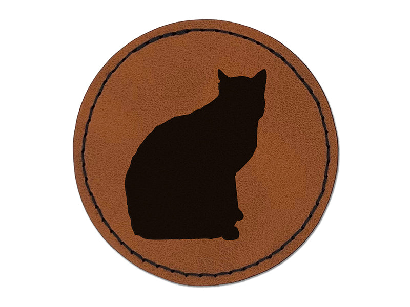 Cat Sitting Side Profile Solid Round Iron-On Engraved Faux Leather Patch Applique - 2.5"