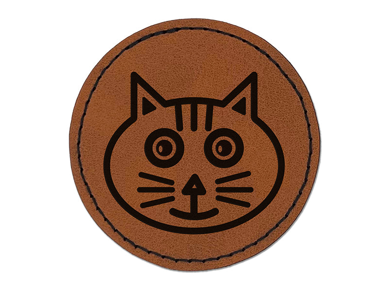 Charming Cat Face Round Iron-On Engraved Faux Leather Patch Applique - 2.5"