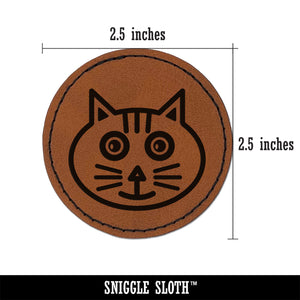 Charming Cat Face Round Iron-On Engraved Faux Leather Patch Applique - 2.5"