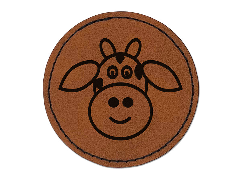 Cheerful Cow Face Doodle Round Iron-On Engraved Faux Leather Patch Applique - 2.5"
